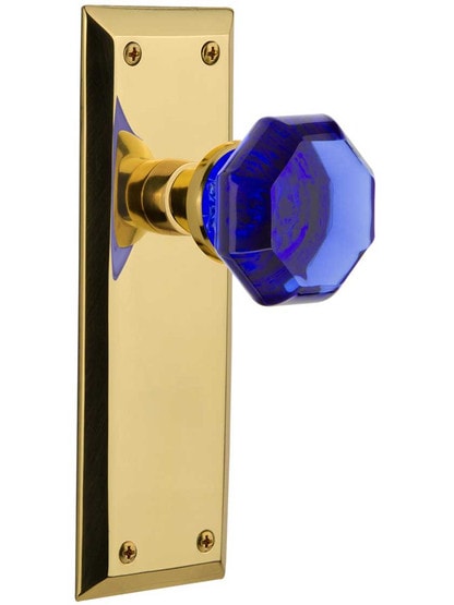 New York Door Set with Colored Waldorf Crystal Glass Knobs Cobalt Blue in Polished Brass.